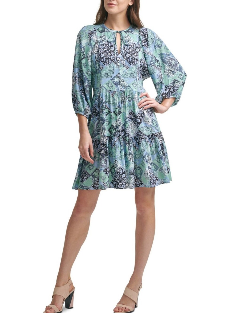 Calvin Klein Patchwork Peasant-Style 3/4 Sleeve Tiered Midi Dress Mint Navy